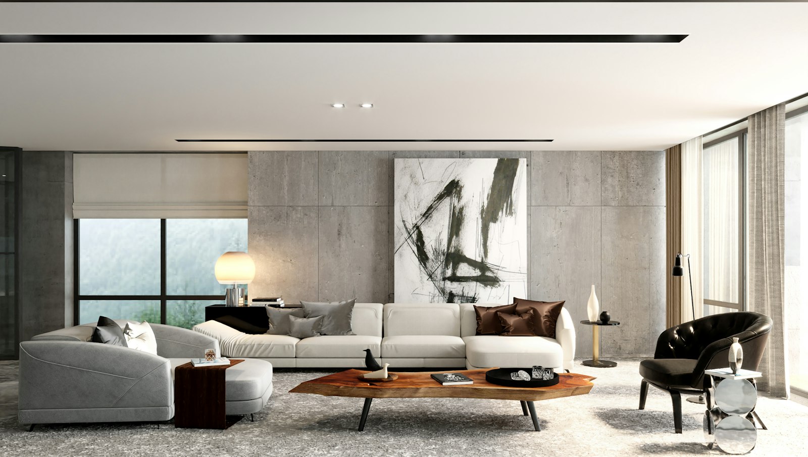 A modern living room with a sectional sofa, coffee table and large artwork